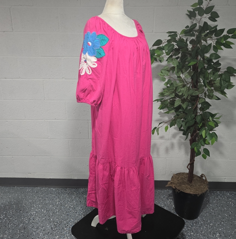 VTG 70s Embroidered Floral Cotton Relaxed Fit Ruffled Midi Dress USA Large